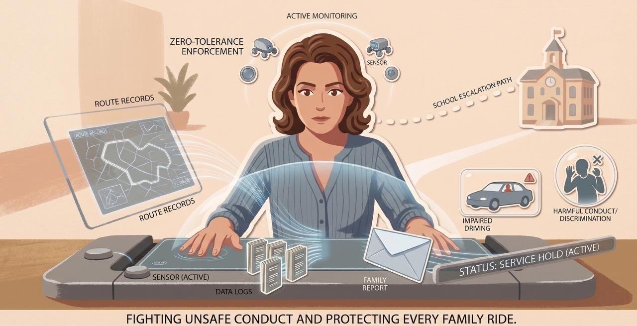 Illustration of active monitoring, route records, and family reports feeding a zero-tolerance review desk