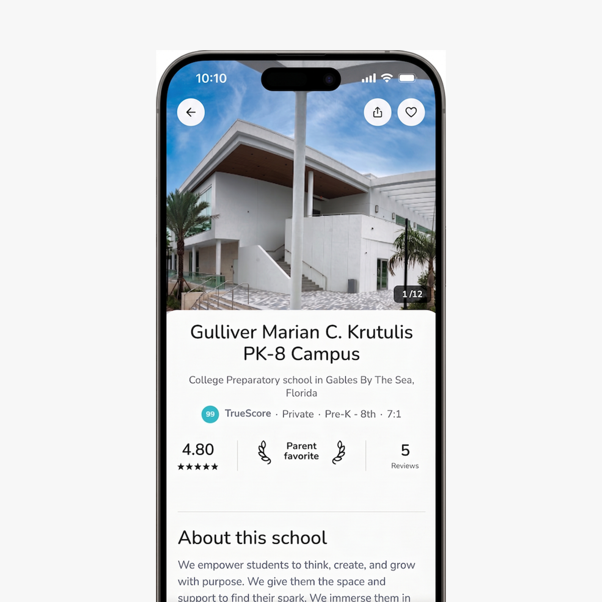 Buggy school detail page shown clearly in the app
